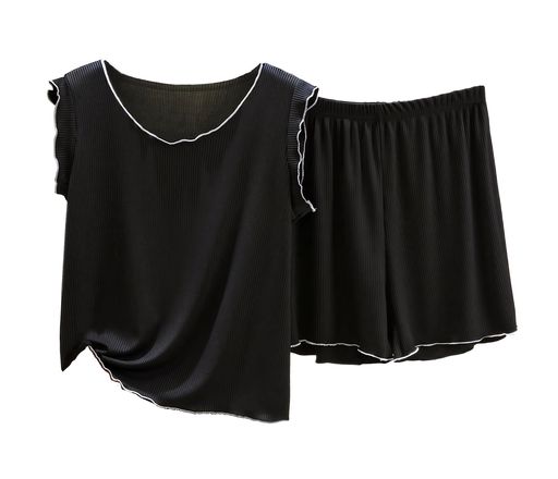 HouseYayoi パジャマルームウエア上下セットレディース部屋着寝巻きハイウエスト便利服おしゃれ心地よいナイトウェア夏用丸首薄手ゆったりノースリーブ半袖短パンフリーサイズブラック