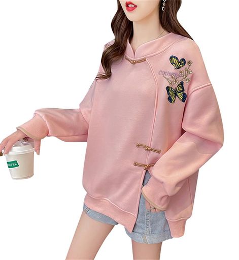 [OIUYUE]長袖トレーナーレディース春服プルオーバードロップショルダーパーカーカットソートップス蝶刺繍綿ゆったりチャイナボタンスリット入りチャイナ風通学カジュアルかわいい(Pピ…