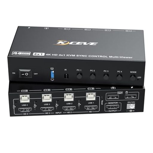 KCEVE 4K シームレスKVMスイッチ 4入力1出力 高速切替機能 1秒で瞬時に切り替え、ホットキー HDMI KVM切替器、キーボード マウスを4PCで共有、PC/MAC/WINDOW/防犯カメラなど対応 画面分割モード付き