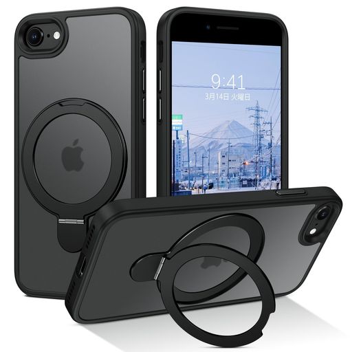 DUEDUEiPhoneSEケース第2世代第3世代MagSafe対応iPhone8/7ケースマグネット搭載リングスタンド機能120°開閉可能ブラック半透明デザイン指紋防止耐衝撃一体型薄型TPUケース車載ホルダー対応