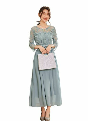 エクスロング丈結婚式ドレスレース袖あり体型カバーマキシドレスフォーマルワンピースハイウエストパーティードレス披露宴二次会お呼ばれドレスシフォンドレス30代40代50代(ブルーXXL)