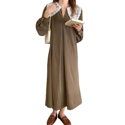 [7-livehouse]ワンピースレディースシャツワンピースVネック長袖ロングワンピース大きいサイズ無地レースきれいめ着痩せ大人可愛いオフィスお出かけ普段着春秋冬