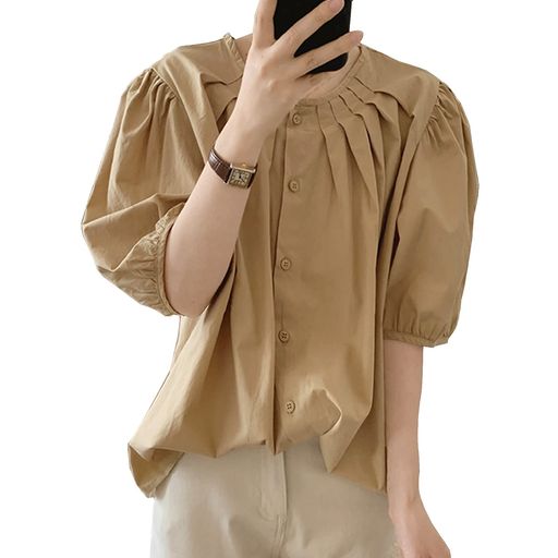 [7-livehouse]ブラウスレディース半袖シャツバブルスリーブtシャツ丸襟タックシンプルカジュアル体型カバー通勤通学お出かけキャンパス日常春夏秋