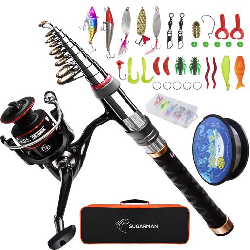 Sugarman釣りセット釣り竿2.1M炭素伸縮釣竿ロッドスピニングリール釣り餌釣り糸付初心者向けつりざおセ..