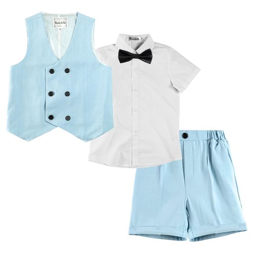 [LOLANTA]子供スーツ男の子フォーマル半袖夏服子供4点セット半袖ワイシャツ半ズボンベスト蝶ネクタイ結婚式発表会七五三ライトブルー110