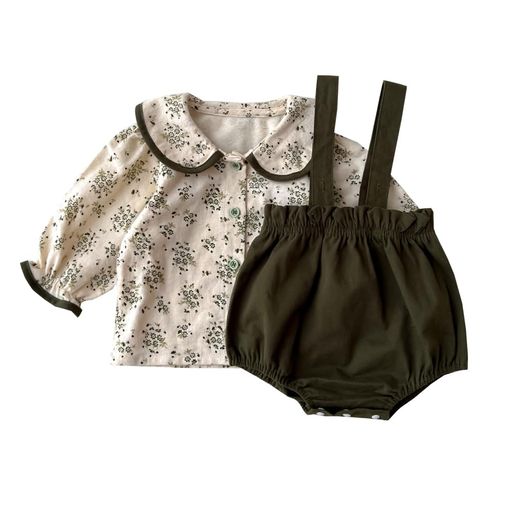 Babykoiベビー服サロペットトップス春秋服ボディスーツ女の子カバーオール長袖シャツ2点セット赤ちゃん七五三バースデー贈り物グリーン100cm