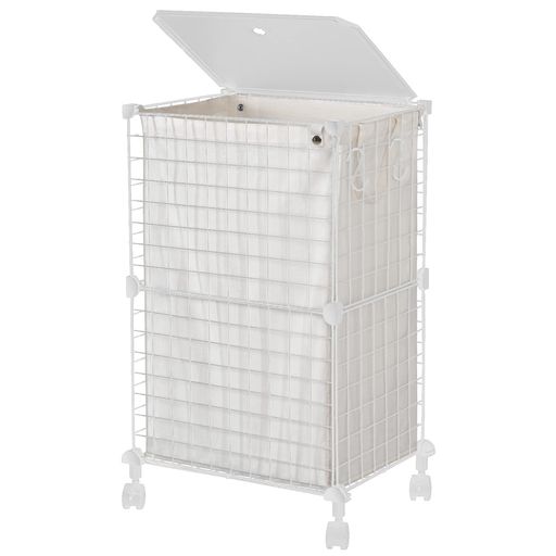 UZENN72Lメタルランドリーバスケット蓋付き洗濯カゴ大容量キャスター付きランドリーボックスワイヤーネット洗濯物入れ角型持ち手付き収納バッグおもちゃ収納おしゃれ(シングルホワイト)