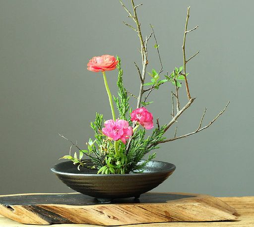 水盤生花用の花器陶器セラミックスブラック花瓶花器フラワーベース日本黒丸水盤楕円型中華道用花器