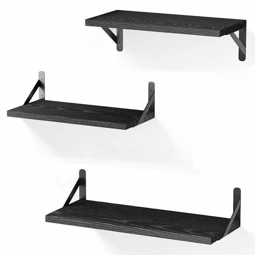 HASONAウォールシェルフ3個セット壁掛け棚壁棚ラックおしゃれ天然木製ウォールラック飾り棚玄関/キッチン/トイレ/洗面所/寝室取り付け簡単ブラック