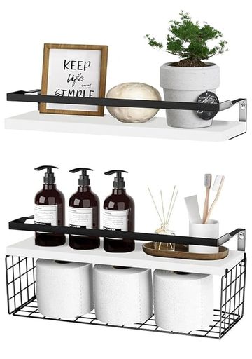 HASONAウォールシェルフ壁掛け棚収納バスケット付き壁棚ラック2個セット小物落下防止おしゃれ天然木製幅40cmキッチン/洗面所/トイレ/寝室取り付け簡単ホワイト