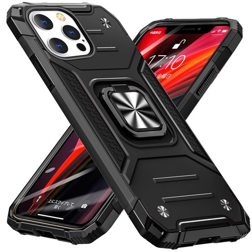 樂天商城 - iPhone13ProMax用ケースリングPC+TPU米国軍事MIL標準取得衝撃吸収耐衝撃落下防止スタンド機能二重構造防塵薄型軽量一体型360度回転全面保護カバーアイフォン用ケース黒W-KM-10-07