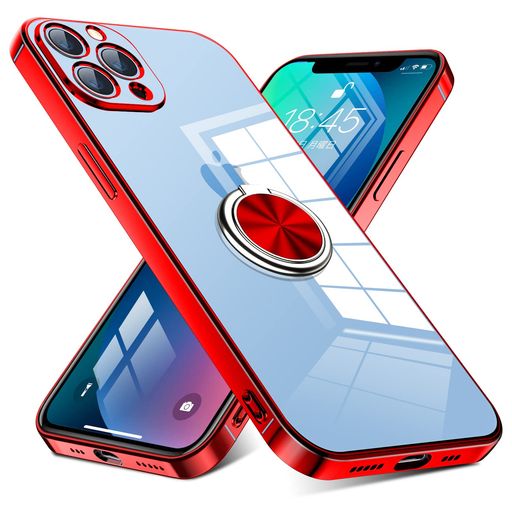 乐天商城 - iPhone12ProMax用ケースリング付きクリア耐衝撃スタンド機能透明TPU車載ホルダー対応落下防止防塵薄型軽量一体型変形防止全面保護カバーアイフォン12プロマックス用ケース赤