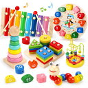 Qizebaby木製おもちゃ2歳3歳モンテッソーリ教育おもちゃ6PCS木製学習玩具形合わせおもちゃ音楽鉄琴木製時計ひもとおしツイストワームビーディングスタッキン...
