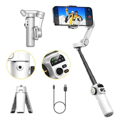 AOCHUANiPhone用ジンバルスタビライザー、Vlog録画用顔/オブジェクトトラッキング機能付きiPhoneジンバル、7.8インチ延長ロッドとiPhone/Android用OLEDディスプレイ付き3軸電話ジンバル-SmartX2ホワイト AOCHUANiPhone用ジンバルスタビライザー、Vlog録画用顔/オブジェクトトラッキング機能付きiPhoneジンバル、7.8インチ延長ロッドとiPhone/Android用OLEDディスプレイ付き3軸電話ジンバル-SmartX2ホワイト