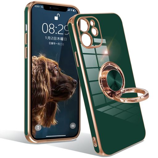 乐天商城 - iphone12ケースリングアイフォン12カバーリング付き耐衝撃携帯カバーTPU軽量シリコンスタンド機能付き360回転車載ホルダー6.1インチ一体型レンズ保護カバー(ダークグリーン)