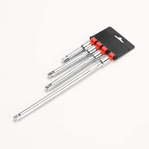差込角:9.5mm(3/8インチ) セット内容:75mmx1・125mmx1・150mmx1・250mmx1 材質:クロームバナジウム鋼 用途:ソケットを延長し、狭くて深い場所に届かせる 自動車整備、オートバイ整備において、エンジンの奥まった狭い場所などで使用することができるエクステンションバーセット。