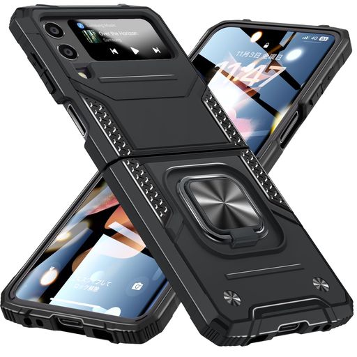 樂天商城 - GalaxyZFlip4ケースSC-54C/SCG17ケースリングPC+TPU米国軍事MIL標準取得衝撃吸収耐衝撃落下防止スタンド機能二重構造防塵薄型軽量一体型360度回転全面保護カバーギャラクシーzフリップ4黒