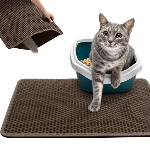 Assky猫砂マット防水&抗菌二重層EVA構造超吸収&防臭猫トイレマット滑り止め設計猫砂飛散防止洗える繰り返し使用お手入れ簡単大型グリッド(60X40cm茶色)