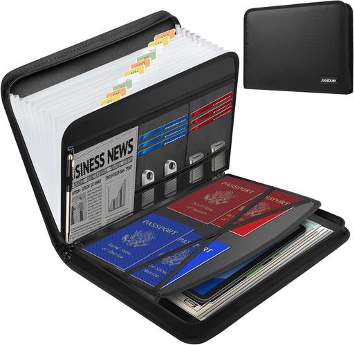 JUNDUNファイルケース、A4耐火ドキュメントジッパーとラベル付き重要書類整理ケース、12ポケット大容量..