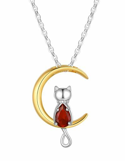 [JustBeingCute]誕生石ネックレスレディース可愛いねこと月ペンダント女の子プレゼント人気ネックレス..