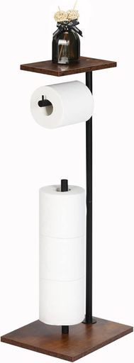 LIANTRAL自立型トイレットペーパーロールスタンドディスペンサ、トイレットペーパーホルダースタンド、上部配置収納プレート、ブラックメタルフレーム、ブラウン板 LIANTRAL自立型トイレットペーパーロールスタンドディスペンサ、トイレットペーパーホルダースタンド、上部配置収納プレート、ブラックメタルフレーム、ブラウン板