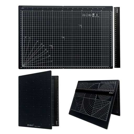 iMATフリップカッティングマットマグネット32*x48cmネオジム磁石付きアルミ定規2点セット(ブラック)TPE製A3折りたたみカッターマットマグネット