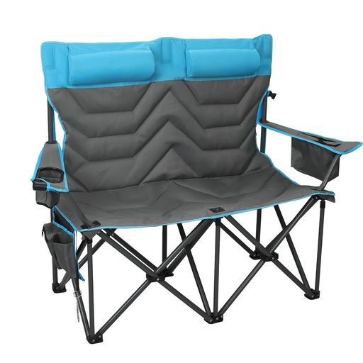 アウトドアチェア2人掛け折りたたみハイバック耐荷重300kg枕付き超ワイドキャンプ椅子【カップホルダー..