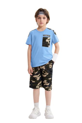 [Lolanta] Boys' Tracksuit Set - Summer Clothes: Short-Sleeved T-Shirt, Half Pants, Cargo Pants, Camouflage, Casual, School Clothes, Stylish, Blue, Size 140