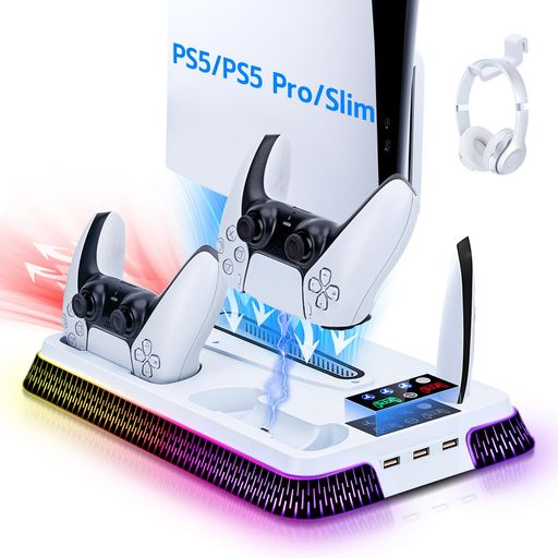 McbazelPS5Pro/PS5Slim対応冷却ファンスタンドデュアルコントローラー充電ステーションRGBライト搭載&ヘッドセットフック付きディスク版/デジタル版両対応冷却ファン内蔵スタンド-ホワイト McbazelPS5Pro/PS5Slim対応冷却ファンスタンドデュアルコントローラー充電ステーションRGBライト搭載&ヘッドセットフック付きディスク版/デジタル版両対応冷却ファン内蔵スタンド-ホワイト