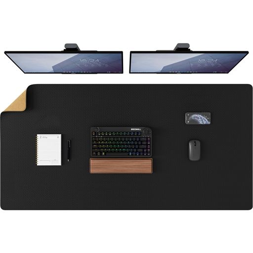 BREENHILLデスクマットレザーPUデスクパッド大型デスクマット、防水デスクプロテクター、オフィスホームゲーム用プレミアムデスクマウスパッド(黒とコルク120x60cm)