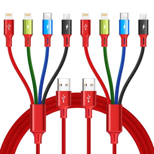 マルチ充電ケーブル 4Aマルチ充電ケーブル 4IN1充電ケーブル マルチUSBケーブル 急速充電線ナイロン編み LIGHTING/TYPE-C//MICRO-USBポート付き、IPHONE/MACBOOK/サムスンなどに対応(2パック1.2Mレッド)