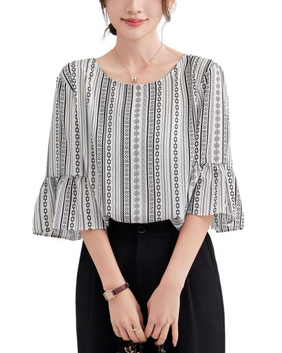 [SPRINGSEAON]シャツレディースプリントブラウスフレアスリーブシフォンシャツ五分袖丸首ノーアイロンオーバーサイズトップスS-XL通気性涼しいカジュアル通勤普段着