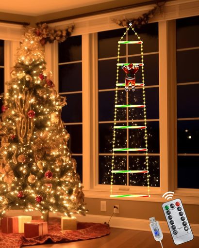 クリスマスイルミネーションサンタはしごサンタクロースUSB式114LED球1.7mリモコン付8パターン点滅点灯..
