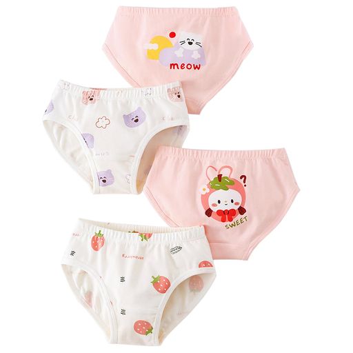 [Hapipana] 女の子 ショーツ 4点セット 女児 ブリーフ パンツ キッズ 下着 綿 通気 ガールズ ジュニア 幼児 小学生 ユニコーン(猫と苺,120)