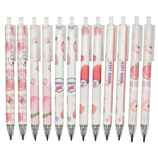 Maydahui12本無限の鉛筆永遠の鉛筆金属先端削らないインクレス鉛筆筆跡消去可能芯なし折れないおしゃれかわいいノック式桃果物エターナルメタルえんぴつ