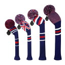ScottEdwardニットゴルフヘッドカバー4点セット手作りで、ドライバーやレーンウッズに適しており、ロングネックのPom-Pomゴルフクラブヘッドカバーが付...