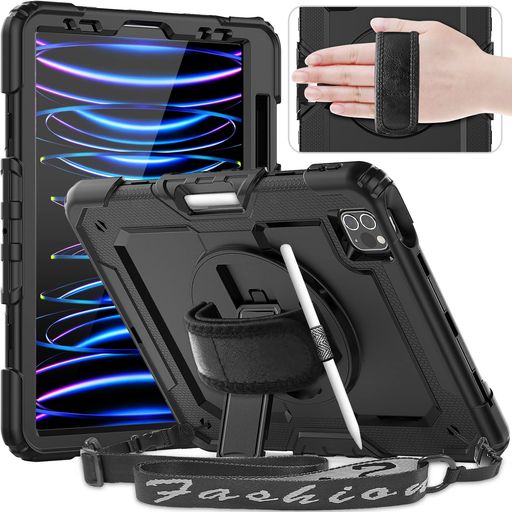 TIMECITY IPAD PRO 11インチ ケース (第4/ 3/ 2/ 1世代) 2022モデル 三層保護 耐衝撃 360°スタンド 画面フィルム ペン収納付き PENCIL2対応 横置き 縦置き バンド&ショルダー ストラップ 肩掛け 首掛け