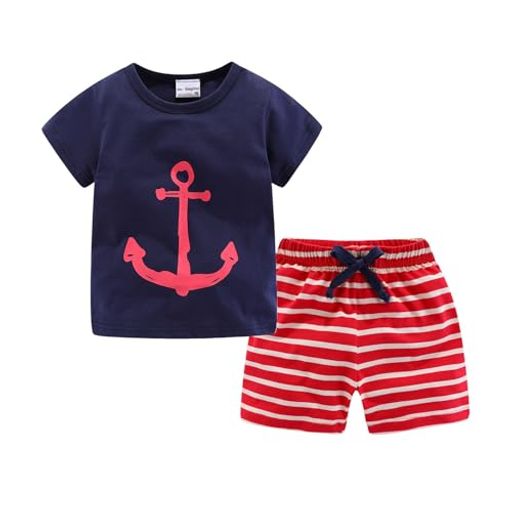 [LittleSpring] tシャツ ショートパンツ キッズ 男の子 セットアップ 半袖 ボーダー柄 カジュアル ネイビー 120