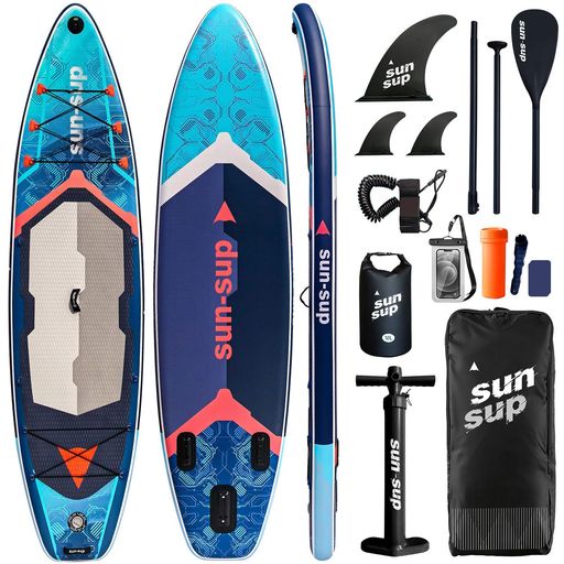1.【大サイズ高耐荷重&amp;軽量設計】SUN-SUP インフレータブル SUPボードは335x86x15cmの大型サイズで最大約204kgの耐荷重を実現。安定した浮力により初心者から中上級者まで安心。本体約8.5kgの軽量設計で女性や若い方でも片手で持ち運べ、水上アクティビティを快適に楽しめます。 2.【多層PVC素材&amp;グリップ力に優れたEVAデッキ】丈夫な多層PVCと滑り止め効果の高いEVAパッドを採用し衝撃に強い。海・川・湖など多彩な水域で長期使用可能。表面が滑りにくく波のある水面でも安定した走行感を保ちます。 3.【コンパクト収納&amp;付属品フルセット】専用ハンドポンプ付きで空気の出し入れ簡単。折りたたんで専用キャリーバッグに収納可、車載や室内保管に場所を取らず。調整式パドル、着脱式3点フィン、10L防水バッグ、リペアキット、スマホ防水ケースが揃い開封後すぐ水上でお楽しみいただけます。 4.【オールラウンド対応で多シーン活用】初心者のバランス練習はもちろんSUPヨガ、釣り、水上散歩など多様なアクティビティに最適。湖畔のリラックスタイムからご家族・友人とのマリンスポーツまで幅広く活躍します。