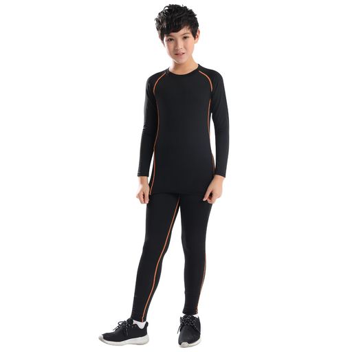 [Guooolex]スポーツインナーキッズ上下セットコンプレッションウェアスポーツタイツスパッツシャツ長袖パワーストレッチ吸汗速乾0013-set-blk-or-30(150)