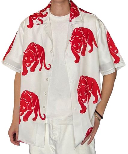 [CHANGEWELL]メンズ2025春夏ストリートファッション夏服カジュアル半袖開襟ヒョウ動物柄アロハシャツ(W..