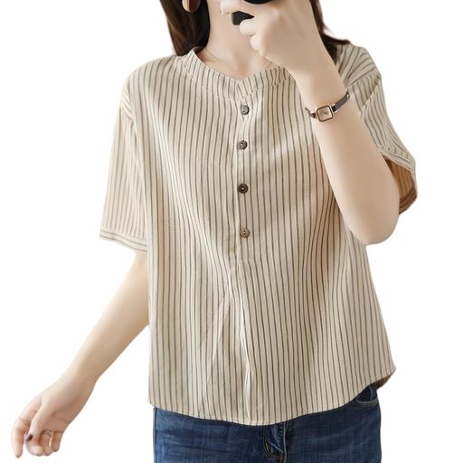 [NarebualoCietupoop]シャツブラウスレディーストップス半袖ラウンドネックボタンストライプレイヤリン..