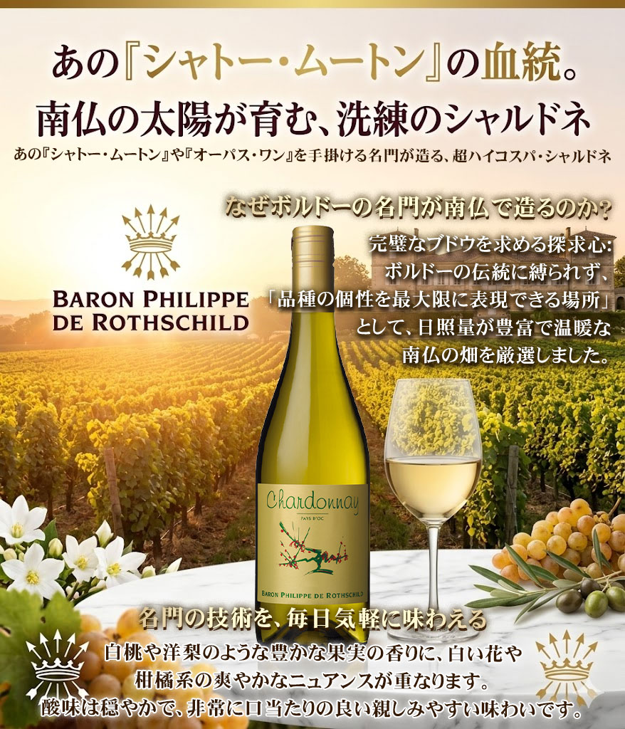 ワイン ギフト 五大シャトー「ムートン」の血統！いつものディナーを特別なひとときに。食卓を格上げする洗練のカベルネとシャルドネ【バロン フィリップ ヴァラエタル カベルネソーヴィニヨン＆シャルドネ】ボルドーの伝統 × 南仏の太陽。世界トップクラスの醸造技術 best-wine-10001225 ベストワイン輸入販売大人の至高屋 サンプル画像3