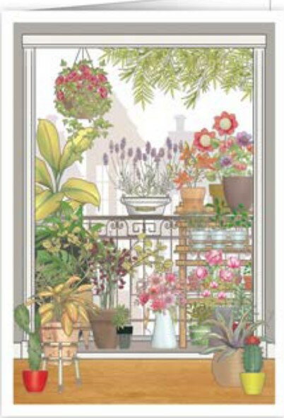 【多目的カード　グリーティングカード　輸入カード】オランダ QUIRE（クワイヤー）定型サイズ　封筒付き　箔押し　エンボス加工　Mac Classic　バルコニーの花　Balcony with Flower