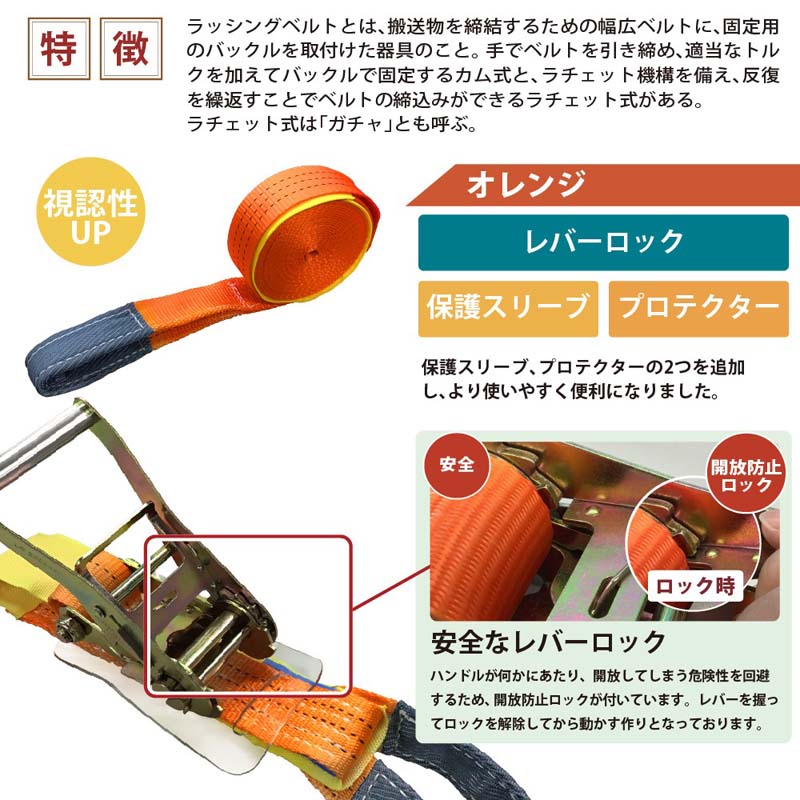 10セット ラッシングベルト 10本セット ワッカ 幅50mm 固定側1m 巻側5m ラチェット ベルト 荷締機 高品質 運搬ベルト ラッシング 荷締め 荷締めベルト 固定 荷崩れ防止 トラック輸送 陸運 海運 パレット搬送 固定 締め付け ガチャ 作業効率 引っ越し 3