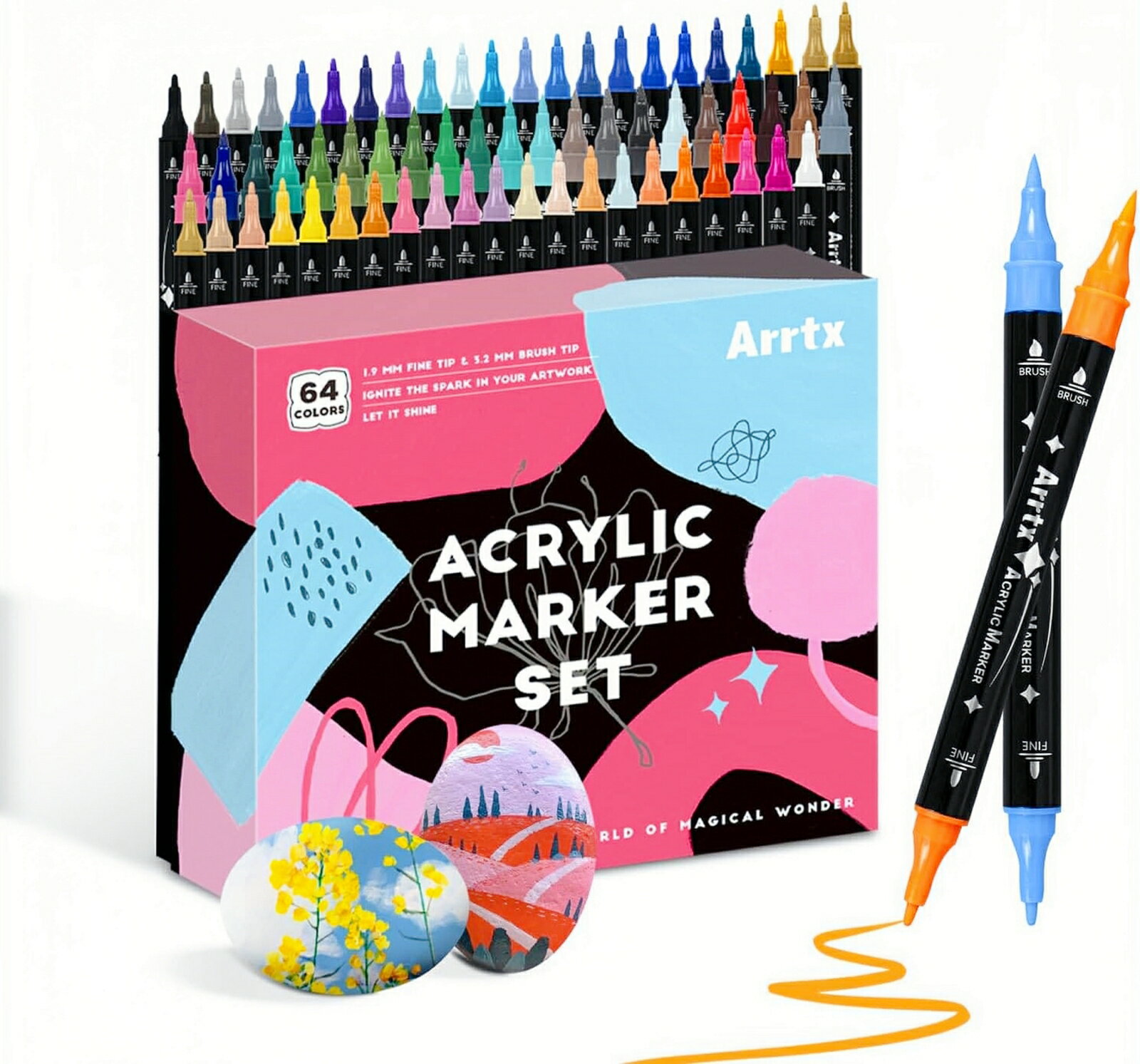 乐天商城 - Arrtx デュアルアクリルマーカー64色 32色 両頭アクリルマーカー デュアルペン先 細字・太字兼用 ペイントマーカー 子供お絵かき 水洗い簡単 プラ板 布 かばん セラミック 紙 生地石 DIY 手芸 誕生日 新学期 プレゼント ギフト 送料無料