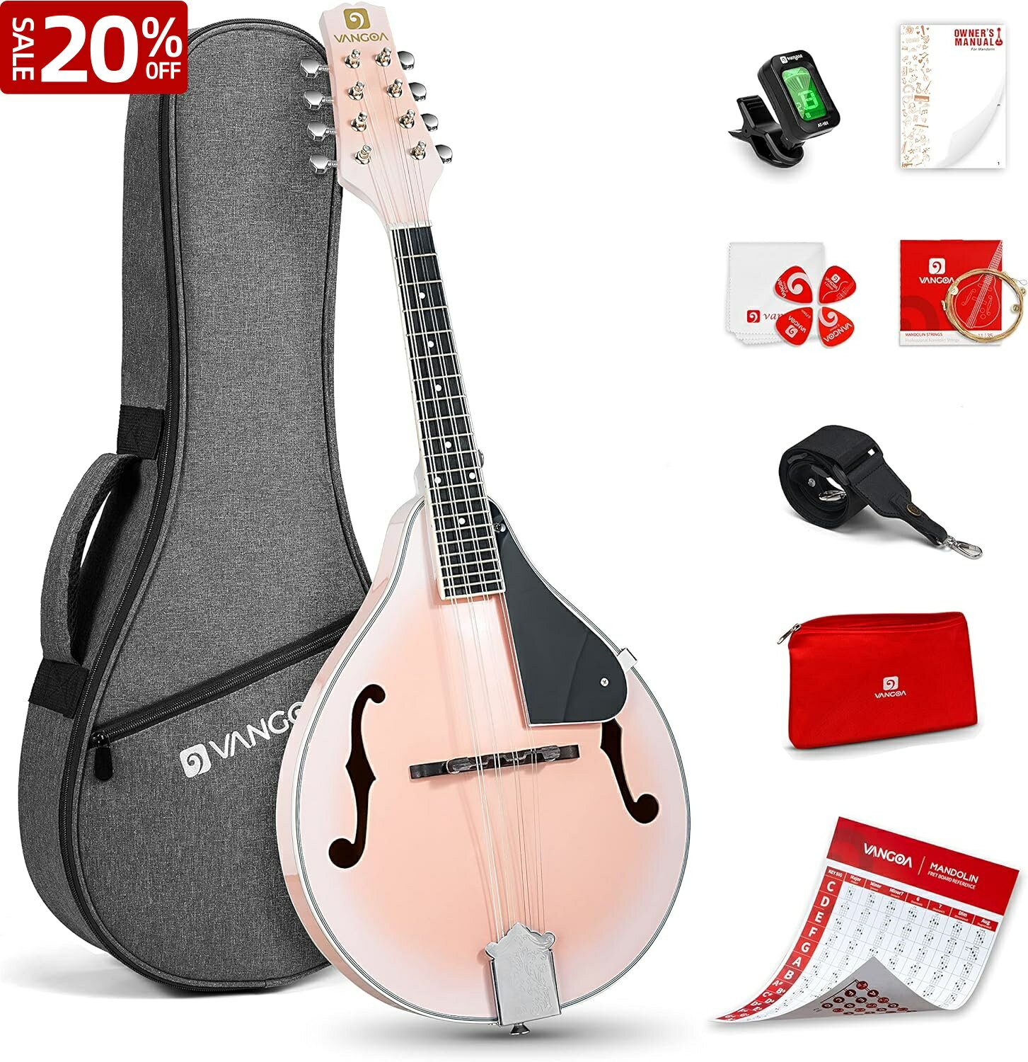 ★楽天クーポン利用でMAX20％OFF ポイント5倍 楽天スーパーセール★Vangoa マンドリン楽器 A スタイル マンドリン楽器 初心者 子供 大人用 8弦アコースティック マンドリン マホガニー スターターキット ピンク