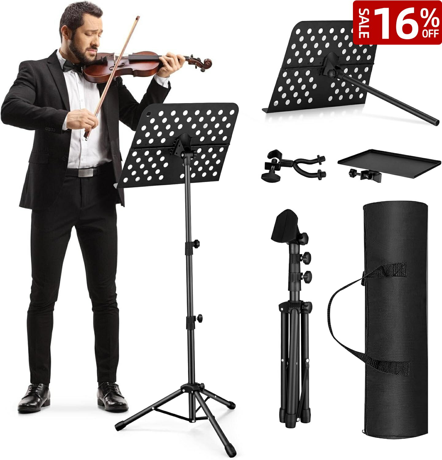 楽天スーパーセール　16％OFF Vangoa 折りたたみ式楽器譜面台スタンド＋実用トレイ＋バイオリン掛けフック　6点付属品　高さ調整60-180CM　収納簡単　最大耐荷重：10Kg