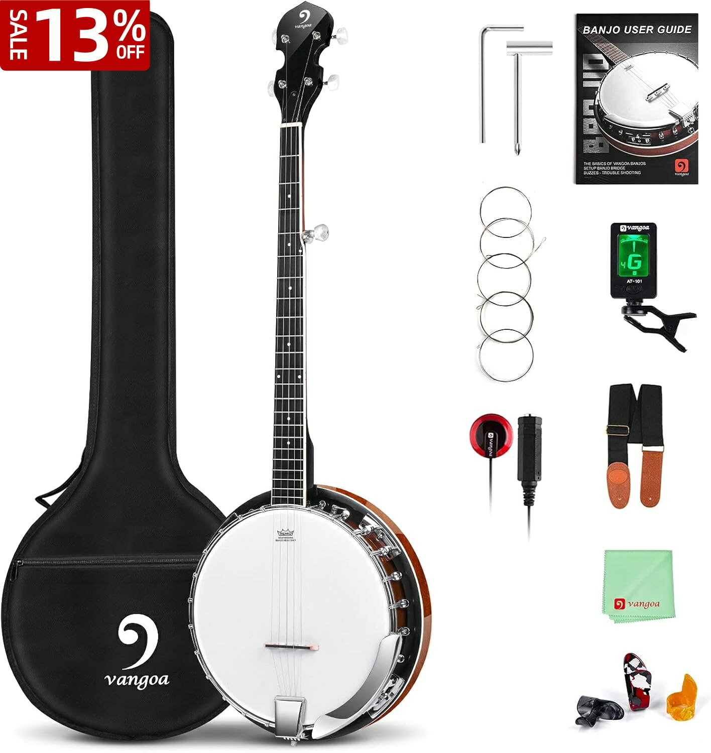 3901円OFF 楽天スーパーセール Vangoa バンジョー 5弦 マホガニー オープンバック+レゾネーター付き Remoドラムヘッド ギア付き第5弦 初心者セット フルサイズ 取扱説明書付き　プレゼント