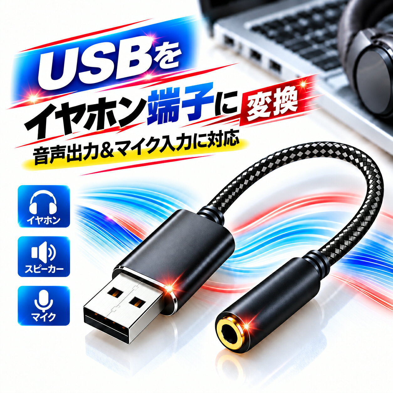 楽天1位獲得 パソコン PC オーディオ変換アダプター USB to 3.5mm イヤホンジャック マイク機能対応 変換ケーブル オーディオ 変換アダプタ ケーブル USBポート-3極 TRS 4極 